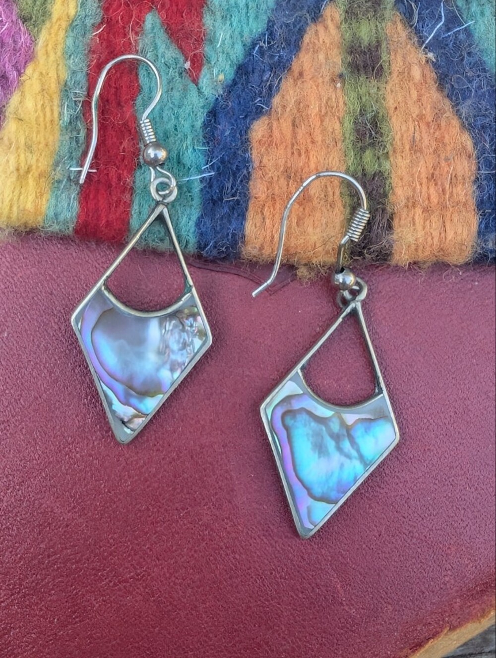 Silver Abalone Shell Drop Earrings - Iridescent Blue-Green Southwestern Earrings